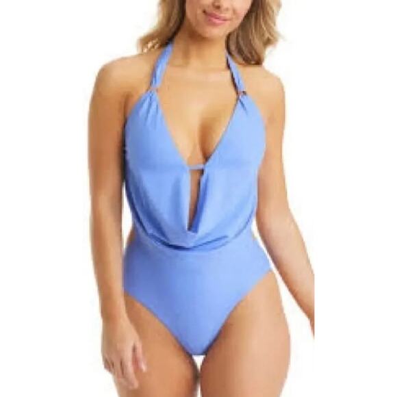 Bar III Core Solids Berry Periwinkle Plunge Cowl neck One Piece Swim Suit L NWT - Picture 1 of 6